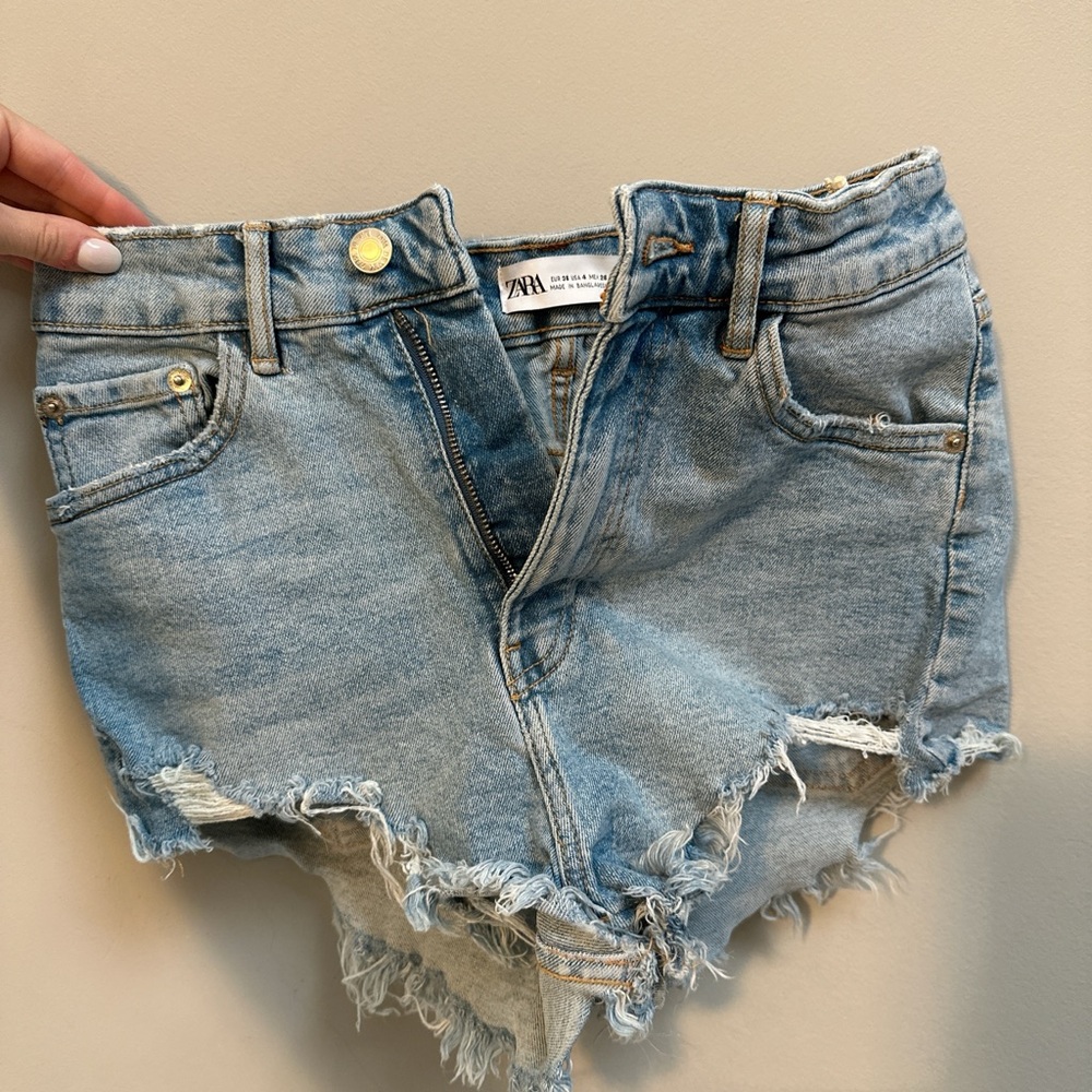 Zara Blue Jean Shorts Distressed High-Waisted